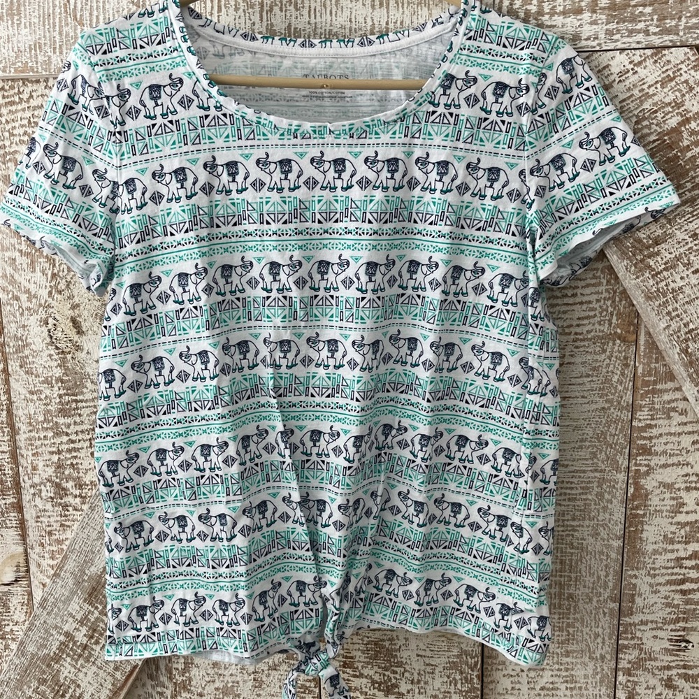 Talbots Women's Elephant Striped Blue & Green Cotton Top w/faux tie. Size M
